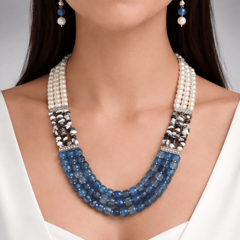 Semi Precious Digambari Mala Set by Aganya Kreation — natural unshaped quartz stone mala with shell pearls and Monalisa box beads, approximately 22 inches, style 4 shown