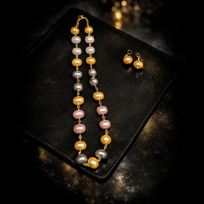 Aganya kreation jewelry Sets Sonalika Mala Set - Elegant Brass Jewelry with Shell Pearls