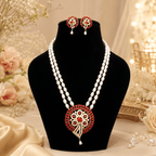 Aganya kreation jewelry Sets Tanishka Elegant Freshwater Pearl Mala Set with Statement Pendant Coral red stone and white