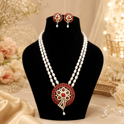 Aganya kreation jewelry Sets Tanishka Elegant Freshwater Pearl Mala Set with Statement Pendant Coral red stone and white