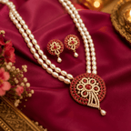 Aganya kreation jewelry Sets Tanishka Elegant Freshwater Pearl Mala Set with Statement Pendant Coral red stone and white