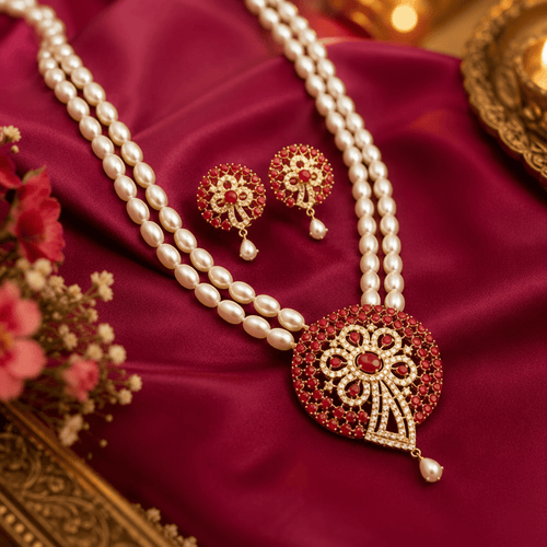 Aganya kreation jewelry Sets Tanishka Elegant Freshwater Pearl Mala Set with Statement Pendant Coral red stone and white