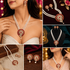 Aganya kreation jewelry Sets Tanishka Elegant Freshwater Pearl Mala Set with Statement Pendant Coral red stone and white