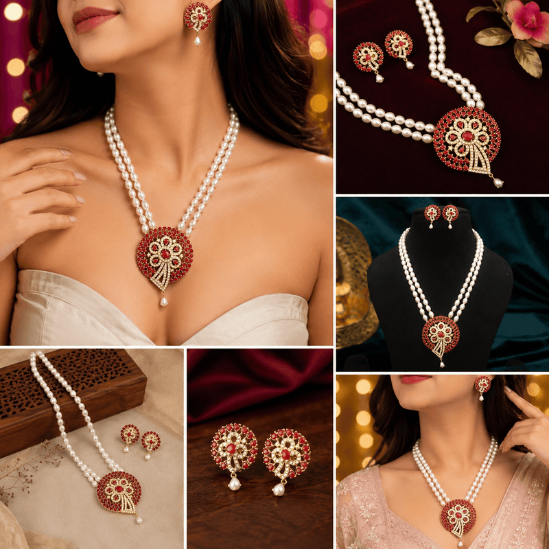 Aganya kreation jewelry Sets Tanishka Elegant Freshwater Pearl Mala Set with Statement Pendant Coral red stone and white