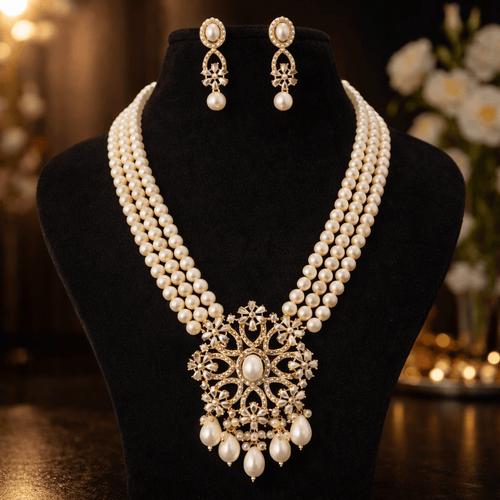 Aganya kreation jewelry Sets Tanrika Luxury Real Pearl Statement Pendant Mala Set