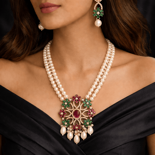 Aganya kreation jewelry Sets Tanrika Luxury Real Pearl Statement Pendant Mala Set Multicolor