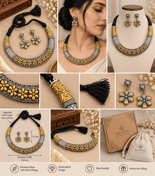 Aganya kreation jewelry Sets Tribal Floral Hasli Necklace Set with Earrings – Oxidized Silver & Gold German Silver Jewellery
