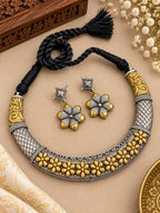 Aganya kreation jewelry Sets Tribal Floral Hasli Necklace Set with Earrings – Oxidized Silver & Gold German Silver Jewellery