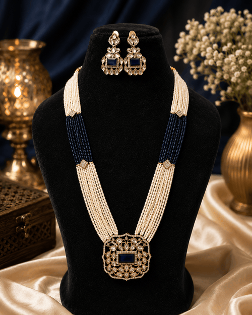 Aganya kreation jewelry Sets Vanya Massonite Polki Kundan Onyx Beads & CZ Stone Jewellery Set Dark blue