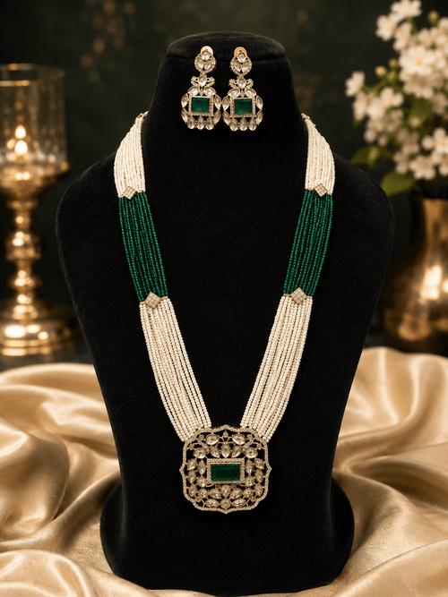 Aganya kreation jewelry Sets Vanya Massonite Polki Kundan Onyx Beads & CZ Stone Jewellery Set Dark green