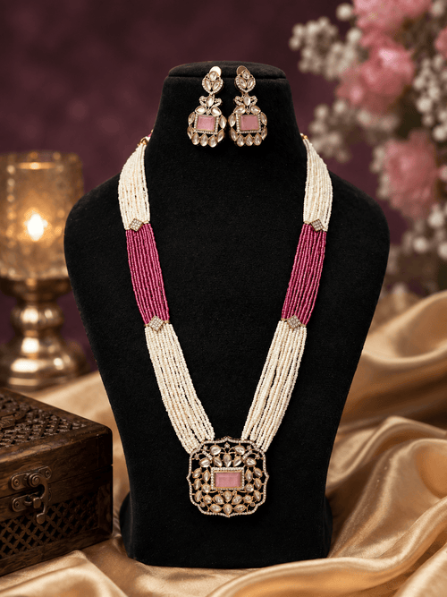 Aganya kreation jewelry Sets Vanya Massonite Polki Kundan Onyx Beads & CZ Stone Jewellery Set Pink