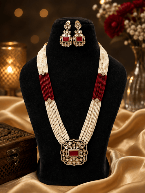 Aganya kreation jewelry Sets Vanya Massonite Polki Kundan Onyx Beads & CZ Stone Jewellery Set Red