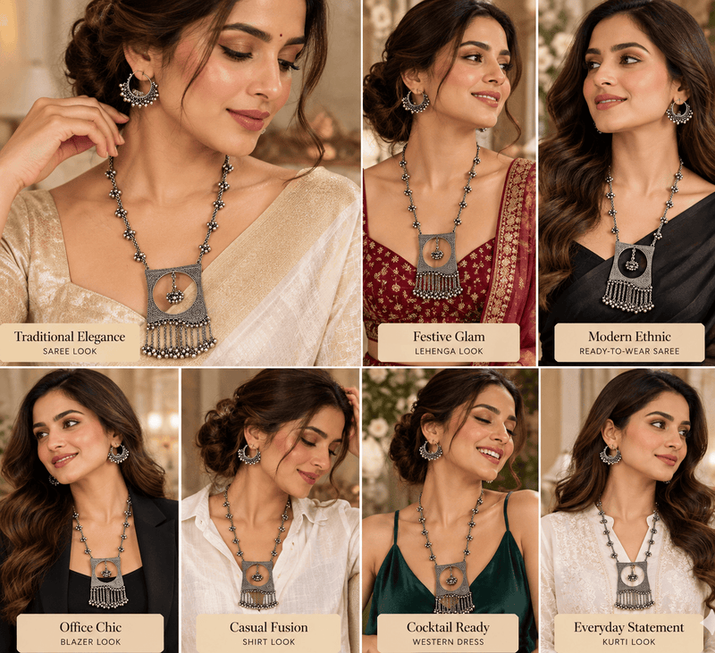 Aganya kreation Jewelry Veyara Oxidized Silver Tribal Long Necklace Set with Earrings