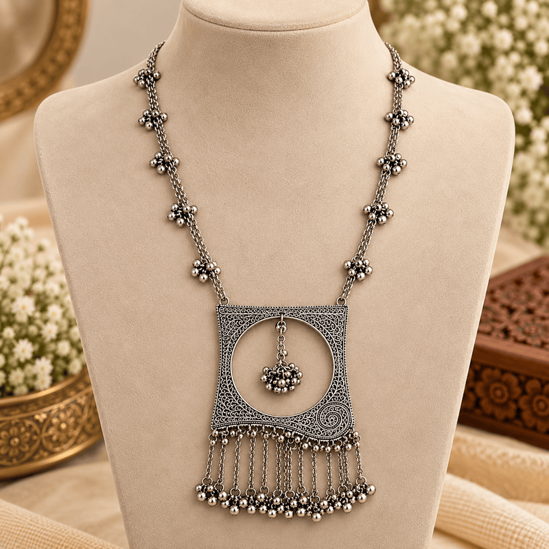 Aganya kreation Jewelry Veyara Oxidized Silver Tribal Long Necklace Set with Earrings