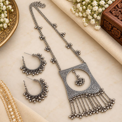 Aganya kreation Jewelry Veyara Oxidized Silver Tribal Long Necklace Set with Earrings