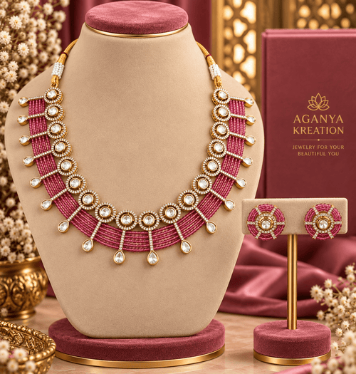 Aganya kreation Jewelry Yutika Hydro Beads Masonite Polki Kundan Necklace Set