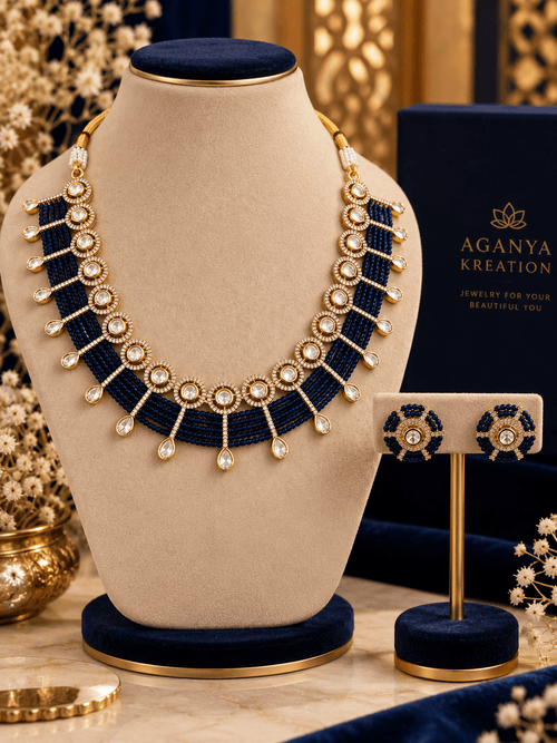 Aganya kreation Jewelry Yutika Hydro Beads Masonite Polki Kundan Necklace Set Blue