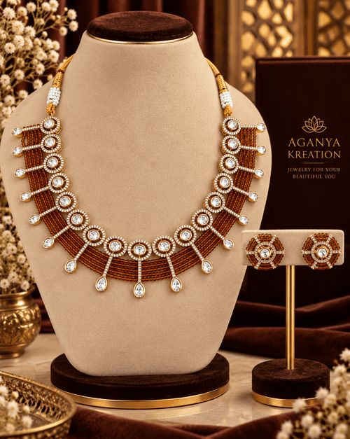Aganya kreation Jewelry Yutika Hydro Beads Masonite Polki Kundan Necklace Set Brown