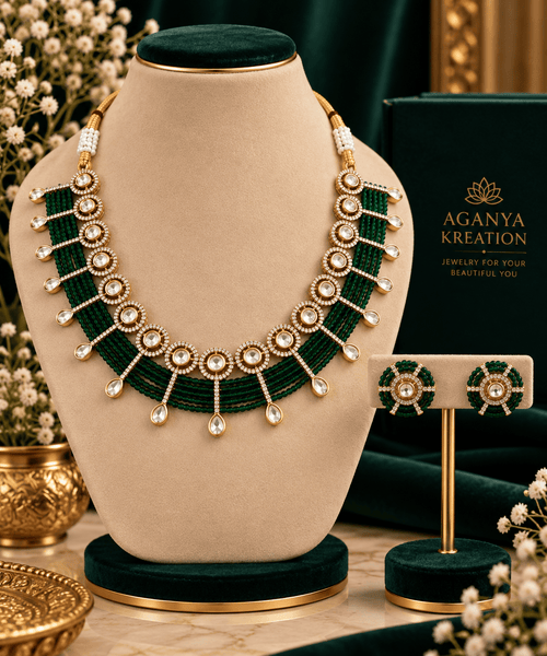 Aganya kreation Jewelry Yutika Hydro Beads Masonite Polki Kundan Necklace Set Dark green