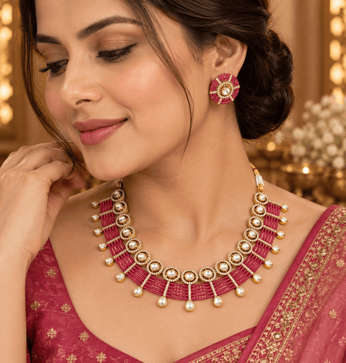 Aganya kreation Jewelry Yutika Hydro Beads Masonite Polki Kundan Necklace Set Pink
