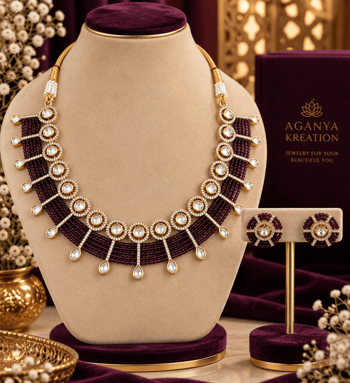 Aganya kreation Jewelry Yutika Hydro Beads Masonite Polki Kundan Necklace Set Purple