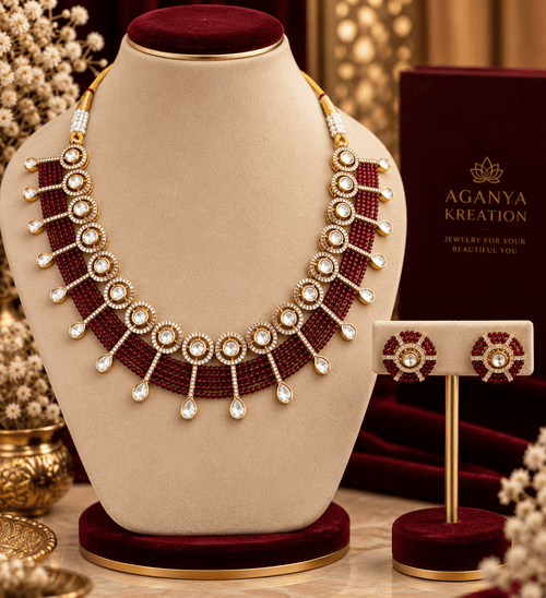 Aganya kreation Jewelry Yutika Hydro Beads Masonite Polki Kundan Necklace Set Red