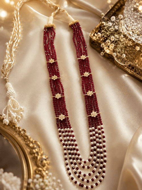 Aganya kreation Necklaces Alka Premium Onyx Stone Mala with CZ Accents | Designer Long Necklace Mehroon