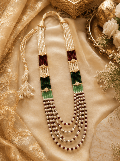 Aganya kreation Necklaces Alka Premium Onyx Stone Mala with CZ Accents | Designer Long Necklace White , Mint green,Dark green,Mehroon