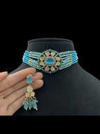 Aganya kreation Necklaces Ishanvi Polki Choker Set - Elegant Ethnic Jewelry Sky blue