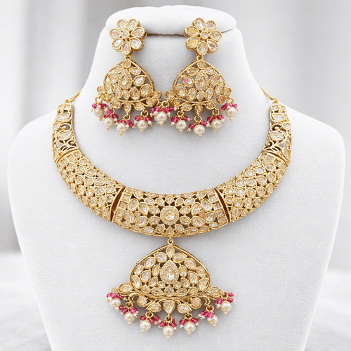 Aganya kreation Necklaces Luxury Masonite Polki Kundan Bridal Choker Set with Shell Pearl Drops | 22K Gold Plated Wedding Jewelry Set