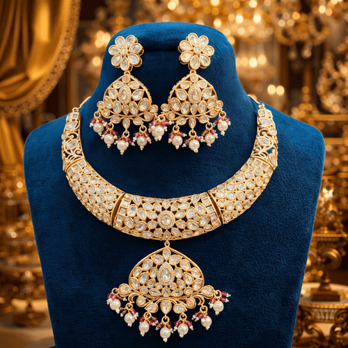 Aganya kreation Necklaces Luxury Masonite Polki Kundan Bridal Choker Set with Shell Pearl Drops | 22K Gold Plated Wedding Jewelry Set
