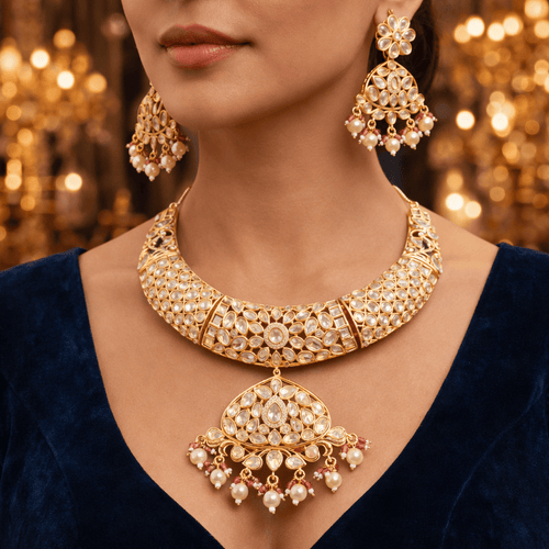 Aganya kreation Necklaces Luxury Masonite Polki Kundan Bridal Choker Set with Shell Pearl Drops | 22K Gold Plated Wedding Jewelry Set