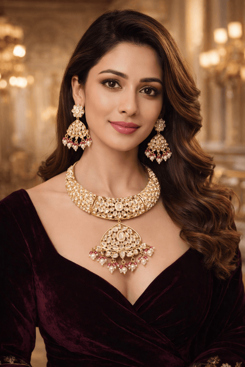 Aganya kreation Necklaces Luxury Masonite Polki Kundan Bridal Choker Set with Shell Pearl Drops | 22K Gold Plated Wedding Jewelry Set