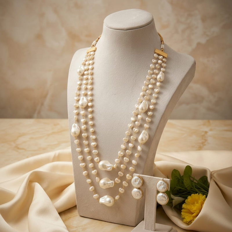 Aganya kreation Necklaces Luxury Multi-Layer Faux Baroque Pearl Necklace Set with Earrings