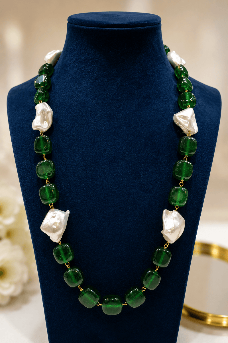 Aganya kreation Necklaces Monalisa Stone & TSP Baroque Pearl Statement Necklace | Luxury Handmade Designer Mala