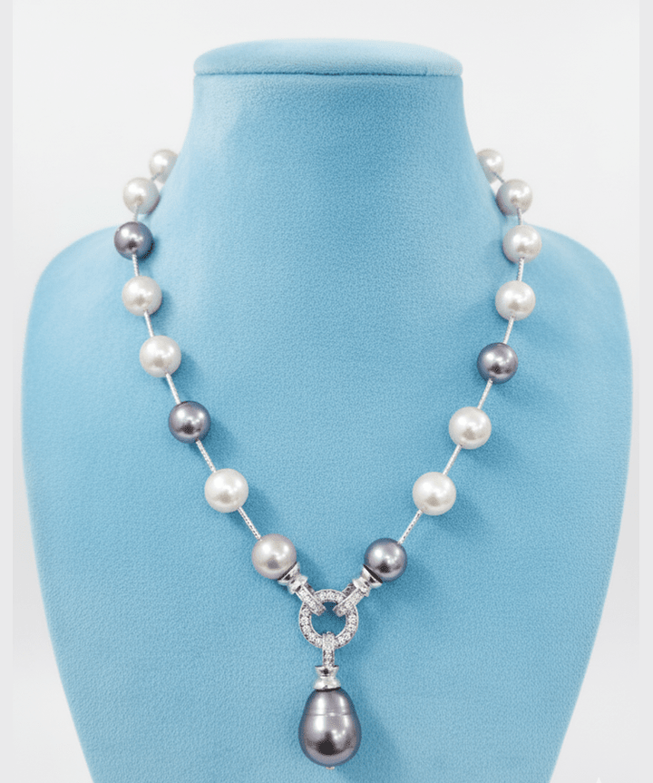 Aganya kreation Necklaces Omya shell  pearl mala white-and-grey