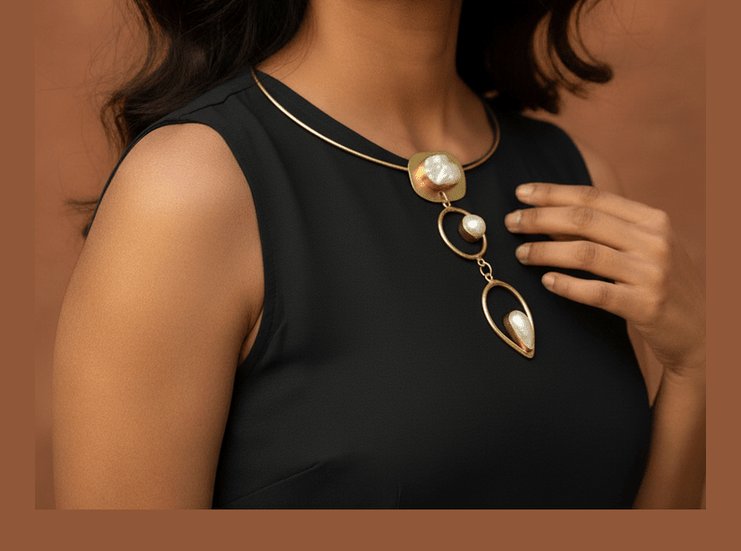 Aganya kreation Necklaces Real Pearl Capri Necklace - Elegant Brass & Golden Finish