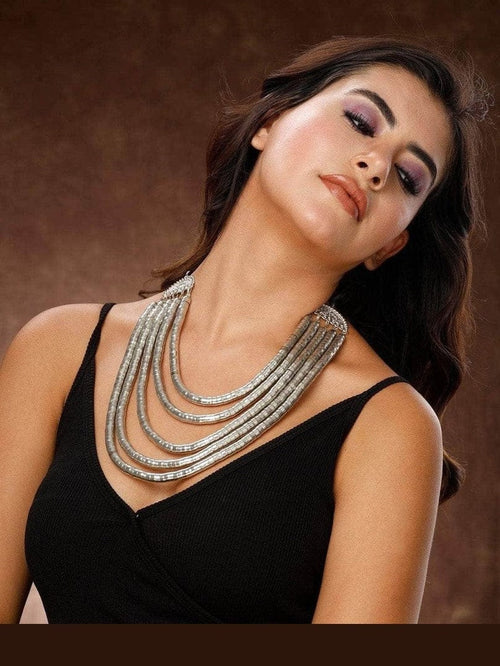 Rewa Spiral Necklace by Aganya Kreation — antique silver-polished alloy necklace with bold geometric spiral motif design, front view