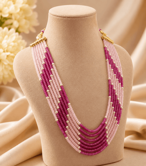 Aganya kreation Necklaces Royal strings Designer Layered Onyx Beaded Mala Necklace Rani pink