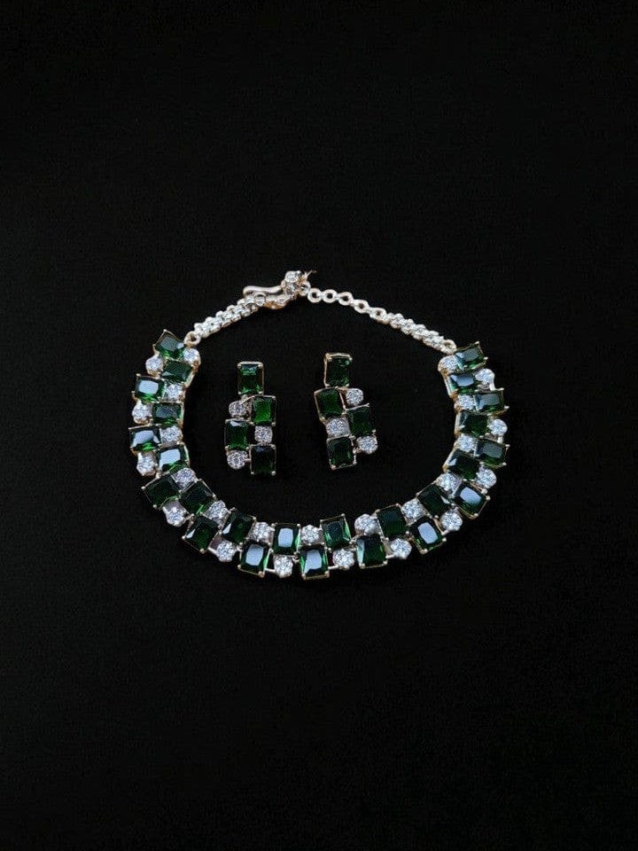 Aganya kreation Necklaces Sonica Diamond Look Set - Elegant Silver Plated Jewelry Emerlad green