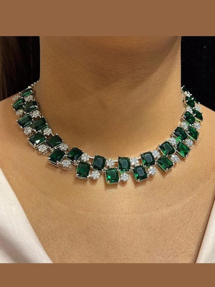 Aganya kreation Necklaces Sonica Diamond Look Set - Elegant Silver Plated Jewelry Emerlad green