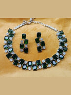 Aganya kreation Necklaces Sonica Diamond Look Set - Elegant Silver Plated Jewelry Emerlad green Emerlad green
