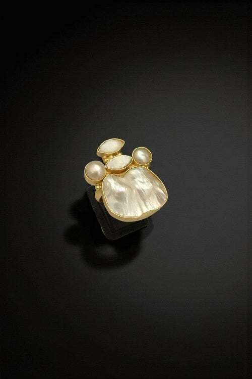 Aganya kreation Real Pearl Mila Ring - Elegant Brass & Gold Plated Design