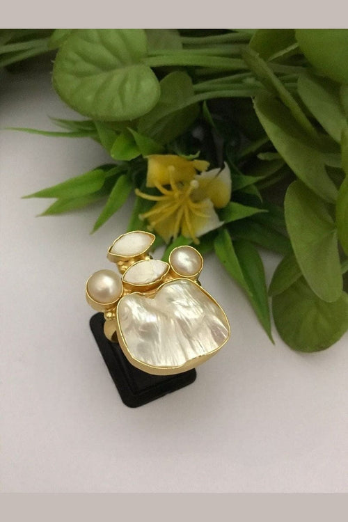 Aganya kreation Real Pearl Mila Ring - Elegant Brass & Gold Plated Design