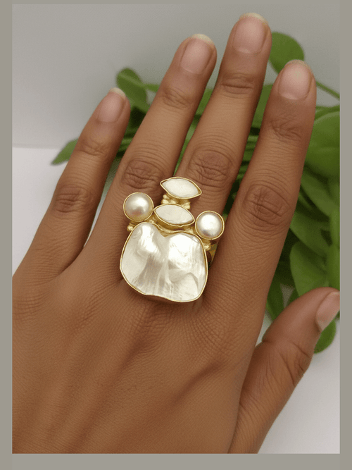 Aganya kreation Real Pearl Mila Ring - Elegant Brass & Gold Plated Design