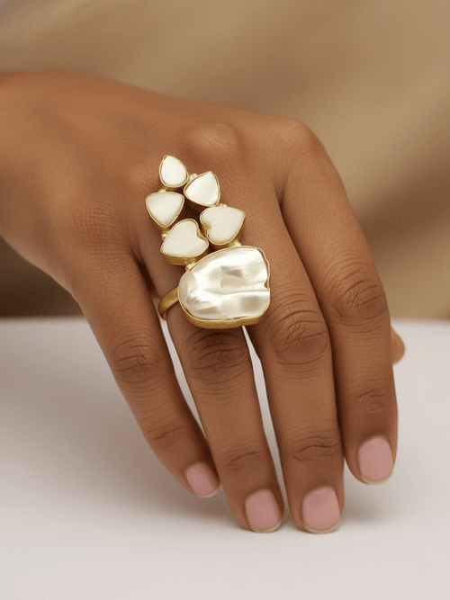 Aganya kreation Real Pearl Rowan Ring - Elegant Brass & Gold Design