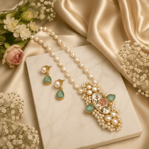 Aganya kreation Real pearl set Drishyani Real Pearl Set - Handmade Jewelry for Every Occasion Mint
