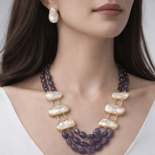 Real Pearl Sadiya Set with baroque pearls and semi-precious stones in 22k gold plated brass by Aganya Kreation