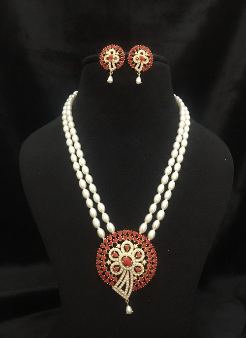 Aganya kreation Real pearl set Tanishka Elegant Freshwater Pearl Mala Set with Statement Pendant Coral red stone and white