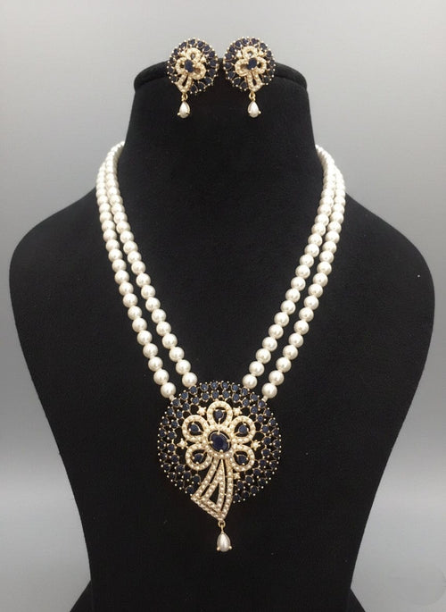 Aganya kreation Real pearl set Tanishka Elegant Freshwater Pearl Mala Set with Statement Pendant Dark blue and white